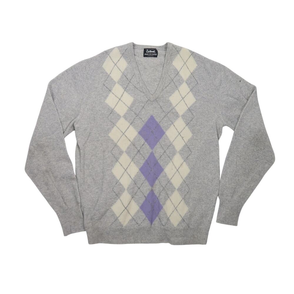 Vintage Coxmoore for Austin Reed Grey Argyle Lambswool Sweater Mens L